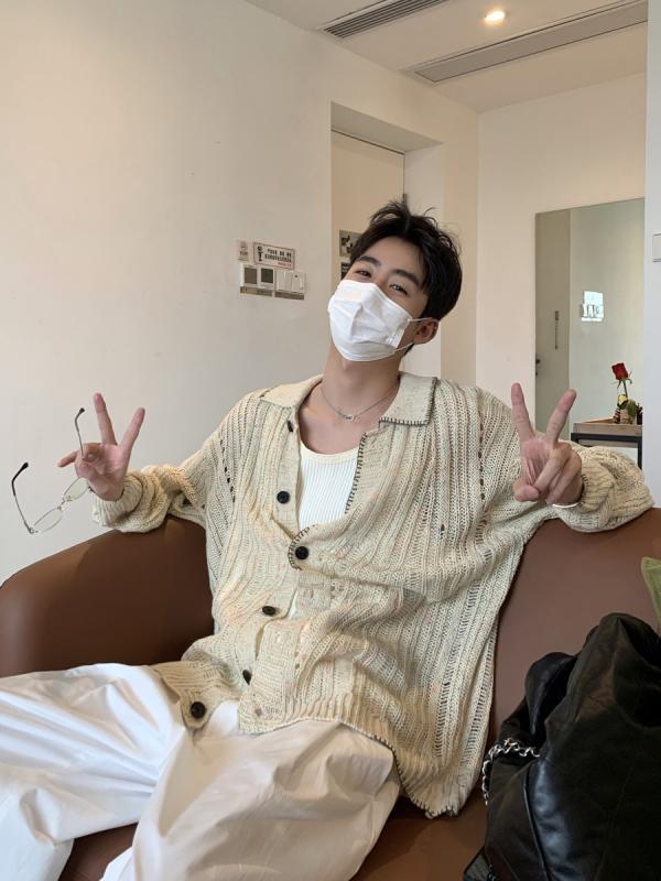 長袖ニットカーディガン ユニセックス 秋冬 トレンド カジュアル リラックス感 ルーズフィット シンプル 無地 ボタン アメカジ ポリエステル混紡 通気性 襟付き アプリコット グリーン