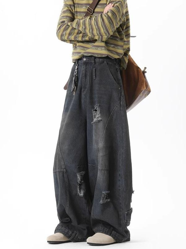 デニムパンツ メンズ ウォッシュ加工 ダメージ加工 クラッシュ カーブシルエット ワイド ルーズフィット ストリート系 レトロ アメリカンカジュアル ブルー コットン 微ストレッチ 普段使い