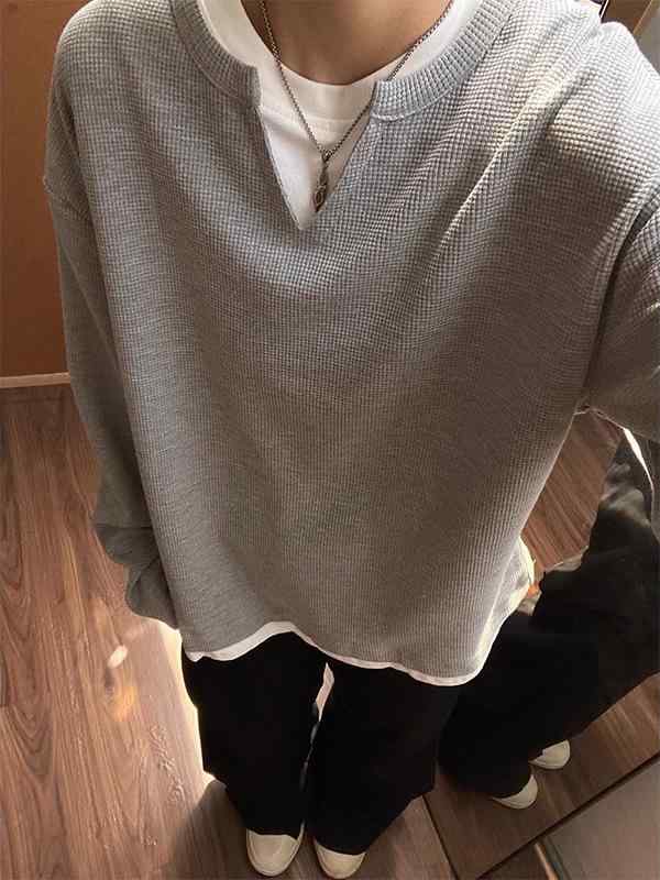 スウェット メンズ 男性用 Vネック 重ね着風 フェイクレイヤード ヴィンテージ風 ワッフル素材 裏起毛 厚手 ビッグシルエット ゆったり 長袖 トップス カジュアル 普段使い デイリーユース アメカジ 秋冬 ブラック グレー ポリエステル(4)