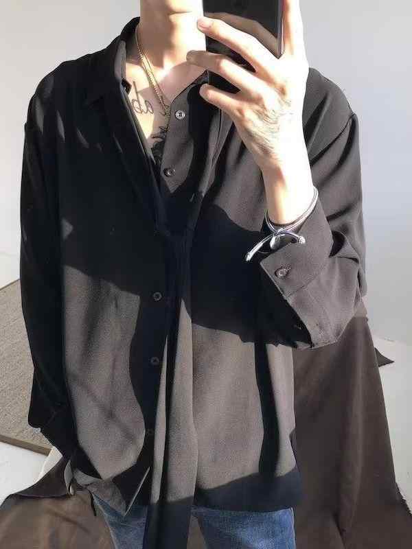 シャツ メンズ 男性用 韓国 トレンド タイ風 長袖 ゆったり ルーズフィット 無地 襟付き ステッチ ポリエステル 港風スタイル 春秋 カジュアル 普段使い シワになりにくい アウター 黒 白