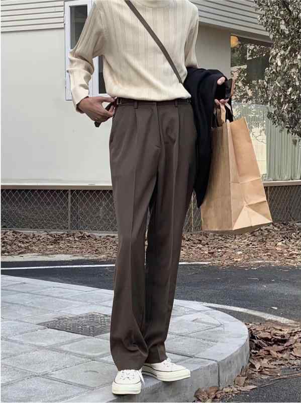 カジュアルパンツ メンズ 春夏 韓国 無地 ゆったり ストレート ドレープ感 きれいめ 着回し ポリエステル 通気性 イージーケア ブラック(4)