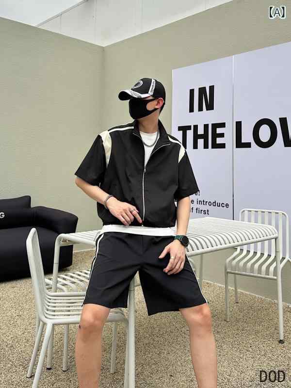 セットアップ メンズ 半袖 ハイネック スポーツウェア ジャージ 上下セット トレーニング ゆったり ルーズフィット ハーフパンツ 切り替え カジュアル 普段着 吸湿速乾 接触冷感 ポリエステル 春夏 ブラック ベージュ