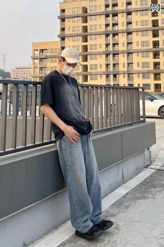 デニムパンツ メンズ ジーンズ 男性用 ルーズフィット ストレートシルエット ウォッシュ加工 ユーズド加工 レトロブルー ヴィンテージ風風 カジュアル 普段使い ロングパンツ 綿 コットン 微ストレッチ ミドルウエスト 春秋