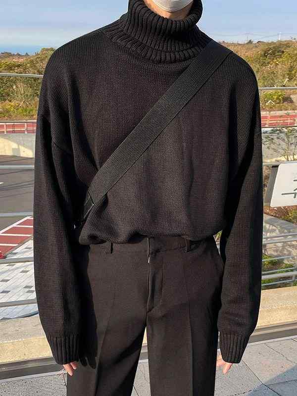 ニット メンズ タートルネック 長袖 ゆったり 厚手 無地 秋冬 セーター トップス カジュアル 普段使い 通学 通勤 ポリエステル 通気性 ブラック グレー