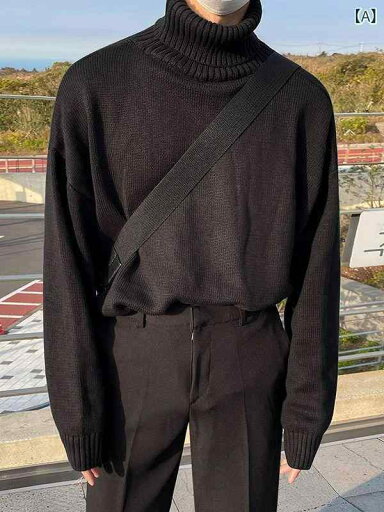 ニット メンズ タートルネック 長袖 ゆったり 厚手 無地 秋冬 セーター トップス カジュアル 普段使い 通学 通勤 ポリエステル 通気性 ブラック グレー