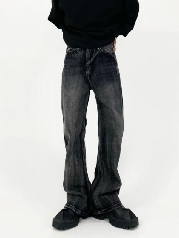 デニムパンツ メンズ 男性用 韓国 高級感 ルーズ ゆったり ストレート ワイドシルエット レトロ ビンテージ ウォッシュ加工 グレー ロング丈 ドレープ感 微ストレッチ 綿素材