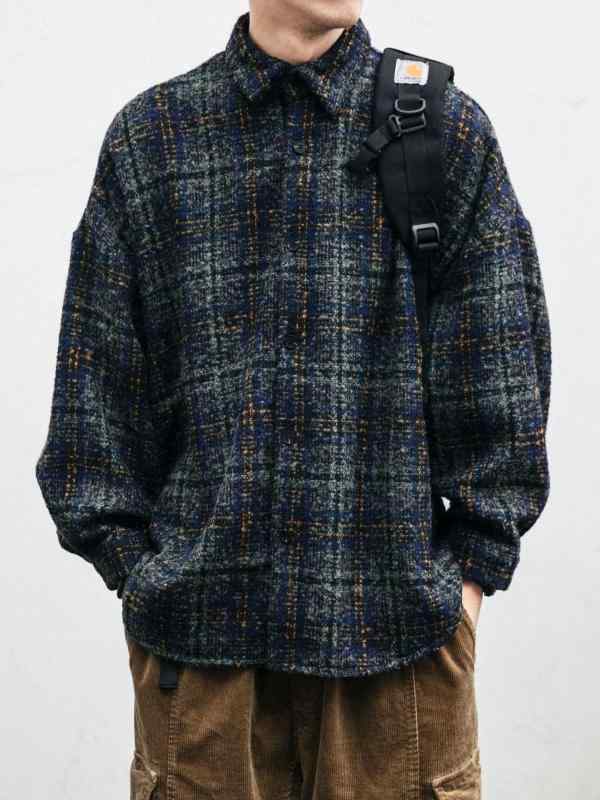 開襟シャツ メンズ 春秋 レトロ 韓国 トレンド チェック柄 長袖 ゆったり オーバーサイズ アウター トップス カジュアル 普段使い ポリエステル ウール調 カップル ペア ネイビー レッド