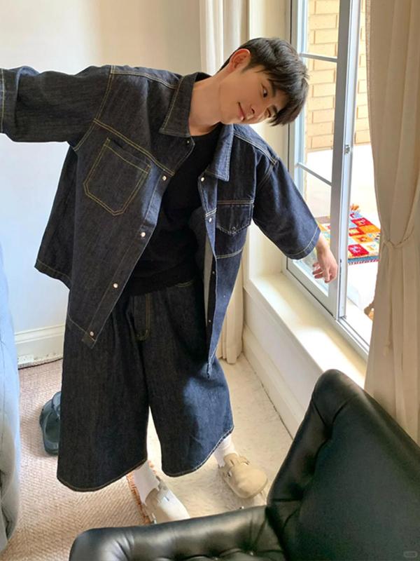 セットアップ メンズ 男性用 春夏 デニム ジーンズ 上下セット ツーピース 半袖 襟付きシャツ ワイド 七分丈 クロップドパンツ ダークブルー 紺 ゆったり ルーズフィット ストリート カジュアル アメカジ 普段使い リラックス ポリエステル