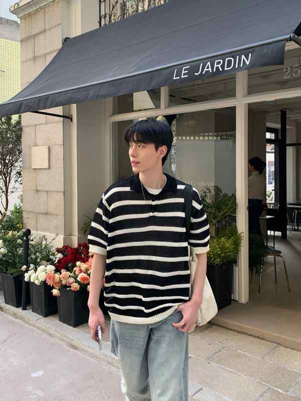 ニットポロシャツ メンズ 男性用 春夏 ストライプ 薄手 切り替え 半袖 通気性 ポリエステル ゆったり オーバーサイズ トップス カジュアル 着回し ブラック グレー ブラウン