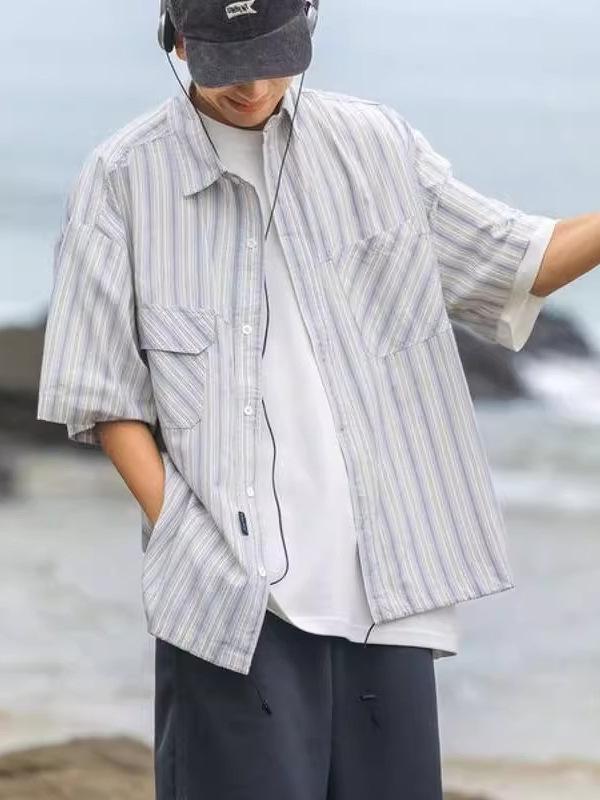 シャツ 男女兼用 春夏 レトロ ストライプ 半袖 裾 ドローストリング ゆったり オーバーサイズ 開襟シャツ トップス アウター ポリエステル 大人カジュアル イージーケア ホワイト(4)