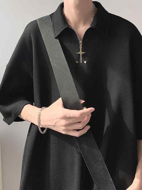 POLOシャツ メンズ ワッフル生地 ゆったり ルーズフィット カジュアル ハーフジップ 無地 半袖 トップス ポリエステル 通気性 春夏