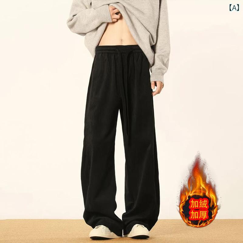 カジュアルパンツ メンズ ダークブラウン コーデュロイ 裏起毛 ワイドシルエット バルーンパンツ ゆったり ドローコード ストレッチ レトロ ミドルウエスト ポリエステル 普段使い 秋冬