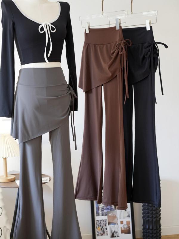 スポーツパンツ レディース ヨガ ランニング フェイクレイヤード スカパン ロング丈 透け防止 吸湿速乾 ジム フィットネス ボトムス 微フレア スリム ミドルウエスト ナイロン 綿混 伸縮性 黒 グレー ブラウン