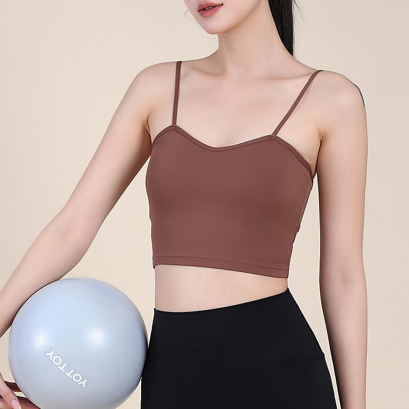 スポーツブラ レディース 一体型 細ストラップ 美背 ホールド感 ノンワイヤー ヨガ ピラティス フィッ..