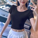 Tシャツ レディース 速乾 吸汗 カップ付き クロスバック 美背 ショート丈 トップス フィットネス ヨガ ランニング ジム トレーニング スポーツウェア 春夏 ナイロン混 グリーン ブラック ピンク