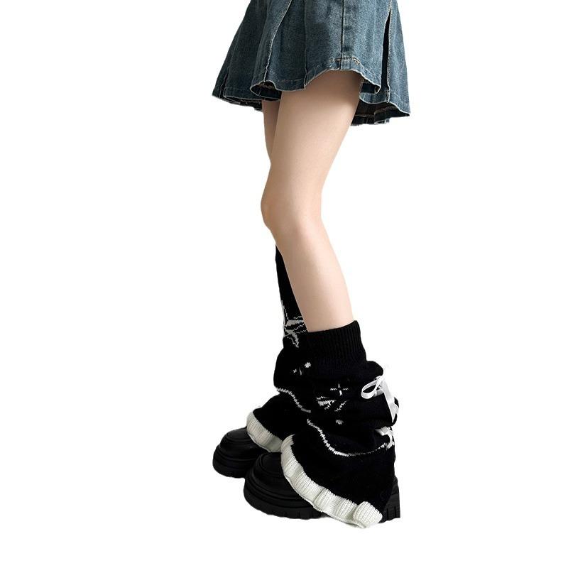 ルーズソックス レディース JKスタイル サブカル ワイド フリル リボン 星柄 かぎ編み クシュクシュ アクリル素材 レッグウォーマー ロング丈 摩擦軽減