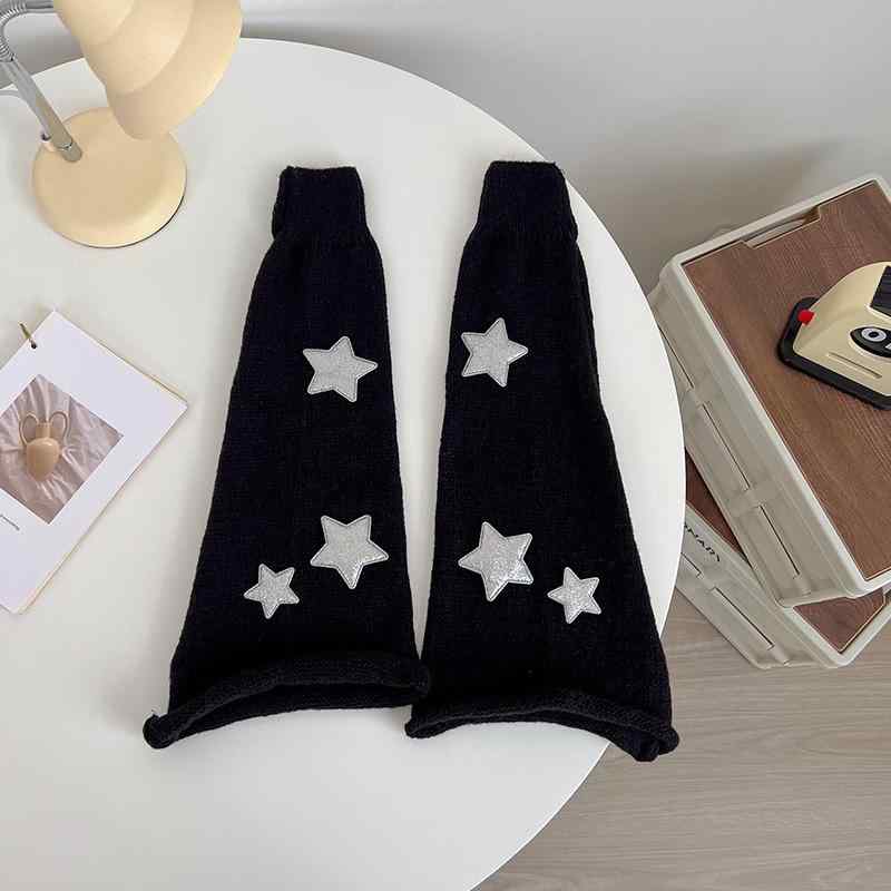 レッグウォーマー ユニセックス 男女兼用 Y2Kファッション サブカル系 ストリート系 JKスタイル 五芒星柄 星柄 ストライプ柄 アクリルニット ロング丈 ワイド フレア くしゅくしゅ 防寒 あったか ルーズソックス ボリューム 秋冬