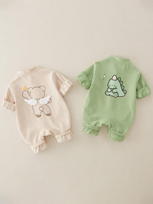 ロンパース 新生児 ベビー 男女兼用 春秋 長袖 綿 コットン キャラクタープリント かわいい 恐竜 クマ カバーオール お出かけ 普段着 スナップボタン 総柄 アイボリー グリーン