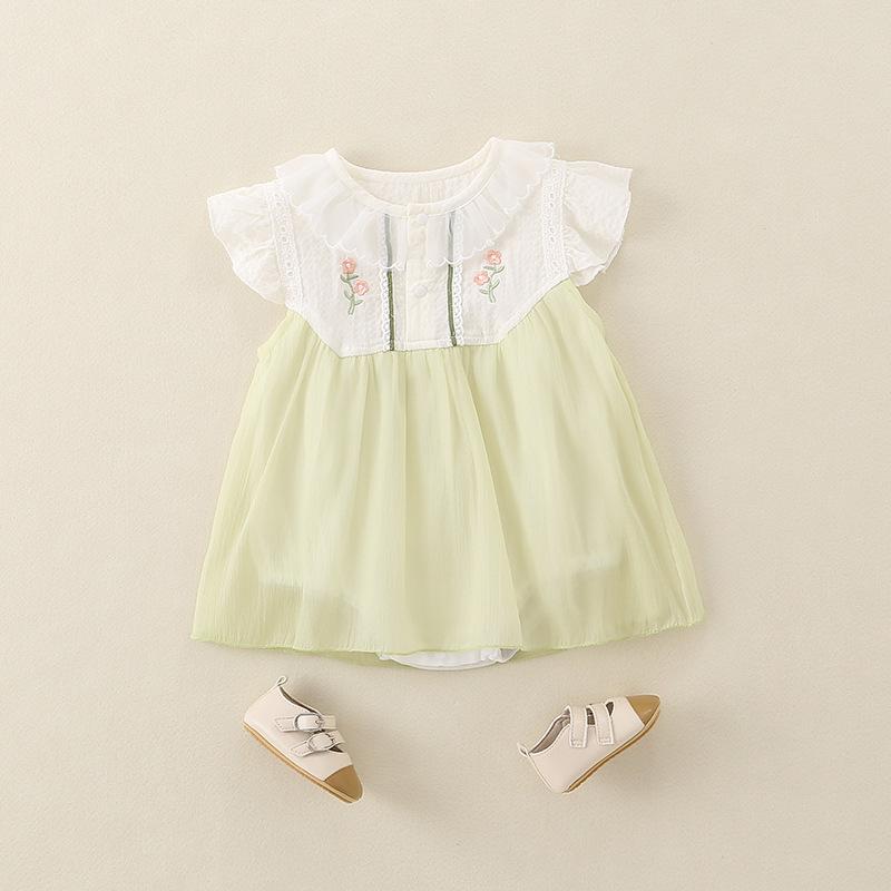 ベビー 新生児 女の子 ワンピース ロンパース 夏用 プリンセスドレス セレモニードレス チュール ふんわり ノースリーブ 薄手 綿 スナップボタン 韓国 ライトグリーン