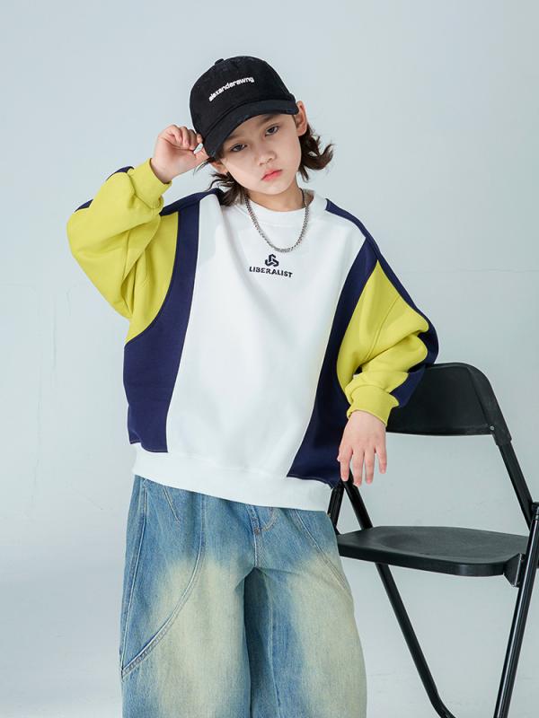 キッズ 男の子 ストリート カジュアル スウェット トレーナー プルオーバー 長袖 厚手 ソフトタッチ スポーツ 切り替え コットン 綿 白緑 春秋(4)