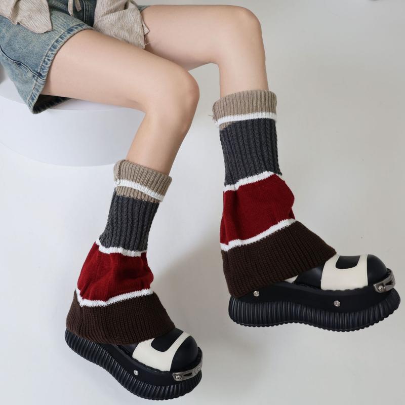 レッグウォーマー レディース 秋冬 学院風 レトロ JKスタイル Y2Kファッション ルーズソックス風 アクリルニット マルチカラーボーダー ふくらはぎ丈 カジュアル 防寒対策