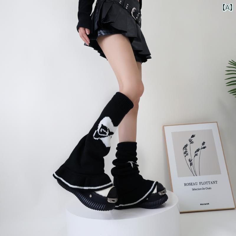 レッグウォーマー レディース Y2Kファッション サブカルチャー 甘辛ミックス ワイドレッグ フレア ボリューム ハート リボン フリル ニット アクリル 通気性 吸汗性 ストリート カジュアル 秋冬 ブラック ホワイト ピンク