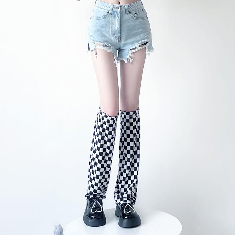 レッグウォーマー レディース Y2K 甘辛ミックス ストリート ワイド フレア 薄手 市松模様 黒白 ナイロン ミドル丈 春夏 通気性 グリーン