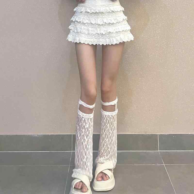 レッグウォーマー レディース ホワイト ミドル丈 薄手 春夏 レース 透かし編み 花柄 フレアワイド ロリータ JK風 ストリート系 ナイロン 通気性 UVカット