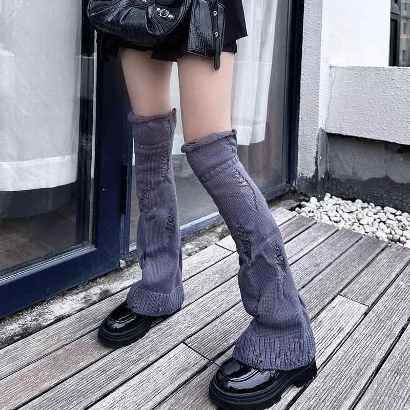 レッグウォーマー レディース 女性用 個性派 クール かわいい Y2K サブカルチャー ダメージ加工 ニット アクリル ワイド フレア くしゅくしゅ JKスタイル ホワイト 白 秋冬 春