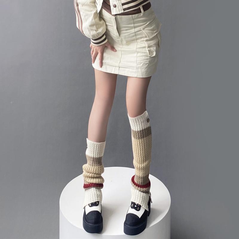 レッグウォーマー レディース 秋冬 アクリル ニット ボタン バイカラー ミドル丈 クシュクシュ 着痩せ 美脚効果 万能 通学 カジュアル ストリート ファッション小物(4)