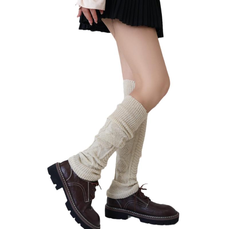 レッグウォーマー レディース 秋冬 グレー系 ジルコニア柄 ラメ糸 ケーブル編み ニット アクリル ミドル丈 折り返し Y2Kファッション ギャル 防寒 あったか トレンド