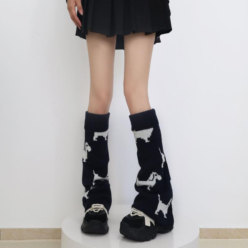 レッグウォーマー レディース 秋冬 リバーシブル ダックスフンド柄 ワイド ニット ジャガード織り Y2K アクリル 防寒 あったか カジュアル 配色