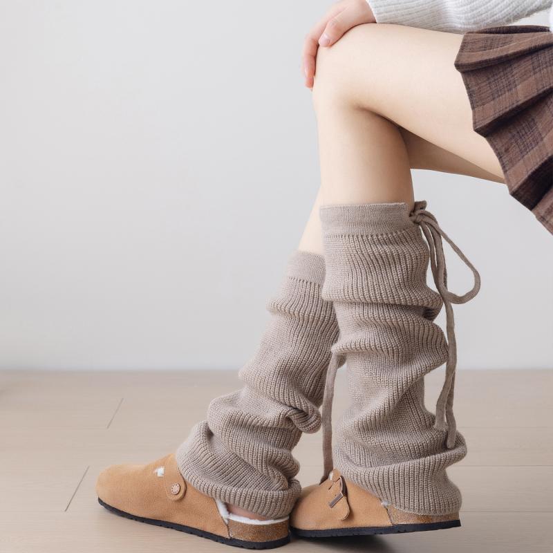 レッグウォーマー レディース リボン 蝶結び くしゅくしゅ ニット 羊毛混 再生繊維 ミドル丈 細見え フレア ボリューム ルーズソックス風 秋冬 ホワイト カジュアル フェミニン 防寒 あったか 普段使い