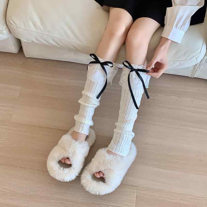 ルーズソックス レディース ロリータ スタイル レースフリル リボン ニット くしゅくしゅ ミドル丈 かかと穴あき 女性用 靴下 ガーリー スイート 通気性 吸湿性 ナイロン アクリル