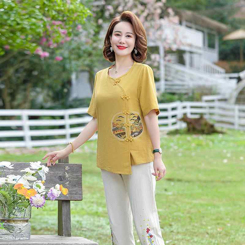 セットアップ レディース ミセス 中高年女性 春夏 コットンリネン 綿麻 半袖トップス 七分丈パンツ ズボン 刺繡 薄手 普段使い カジュアル リラックスウェア