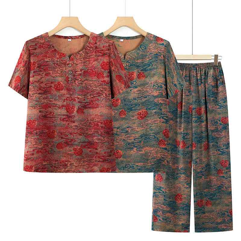 セットアップ レディース ミセス シニア 中高年 女性用 春夏 半袖Tシャツ 九分丈パンツ 抽象柄プリント 上下セット 薄手 ポリエステル 普段使い お出かけ リラックス カジュアル レッド系 グリーン系
