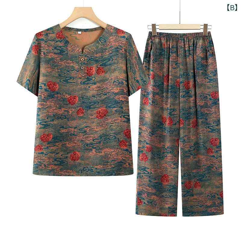 セットアップ レディース ミセス シニア 中高年 女性用 春夏 半袖Tシャツ 九分丈パンツ 抽象柄プリント 上下セット 薄手 ポリエステル 普段使い お出かけ リラックス カジュアル レッド系 グリーン系