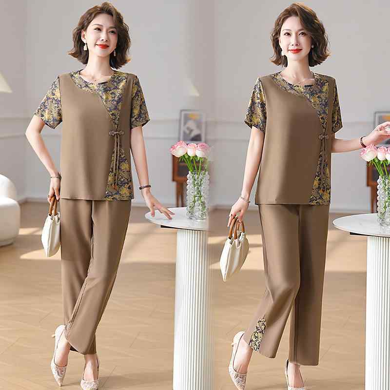 セットアップ レディース ママ ミセス 40代 50代 女性用 カジュアル 半袖 ショートスリーブ 配色 切り替え 上下組 夏服 上品 エレガント ポリエステル 九分丈パンツ 普段使い お出かけ リラックスウェア(4)