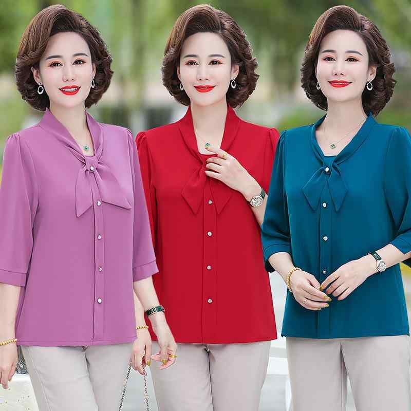 ブラウス ミセス 女性用 春夏 七分袖 プルオーバー 大きいサイズ ゆったり リボン 上品 ポリエステル トップス 普段使い お出かけ 快適カジュアル 赤 ピンク系 ブルー系(4)