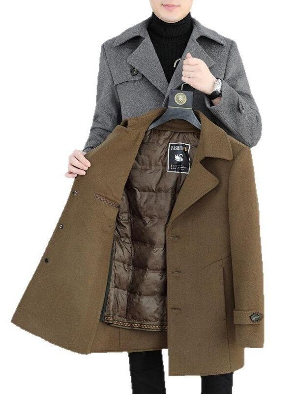 コート メンズ 男性用 中高年 テーラードカラー シングルブレスト ウール メルトン ダブルフェイス 取り外し可能ダウンライナー シンプル レギュラーフィット アウター 春夏 ビジネス オフィス 通勤 グレー ブラック キャメル