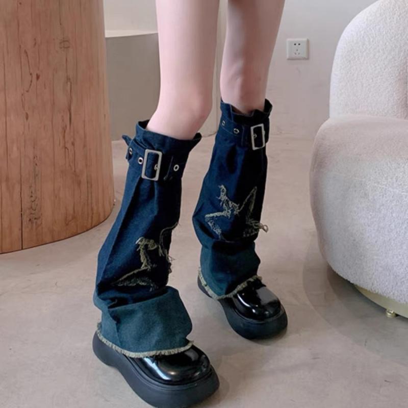 レッグウォーマー レディース 女性用 デニム フレア ルーズソックス Y2K サブカルチャー ギャルスタイル 紐 通気性 ポリエステル 星柄 個性派 ストリート カジュアル