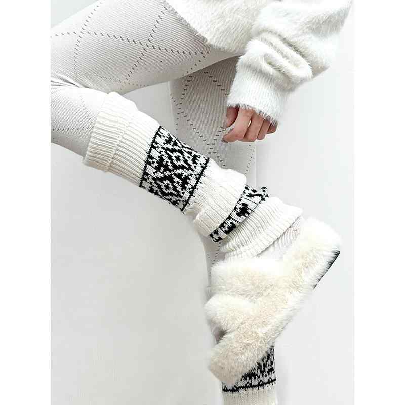 レッグウォーマー ユニセックス 秋冬 ニット 厚手 あったか 保温 フェアアイル柄 レトロ JKスタイル ルーズソックス ミドル丈 ポリエステル 通気性 普段使い 通学 防寒 グレー
