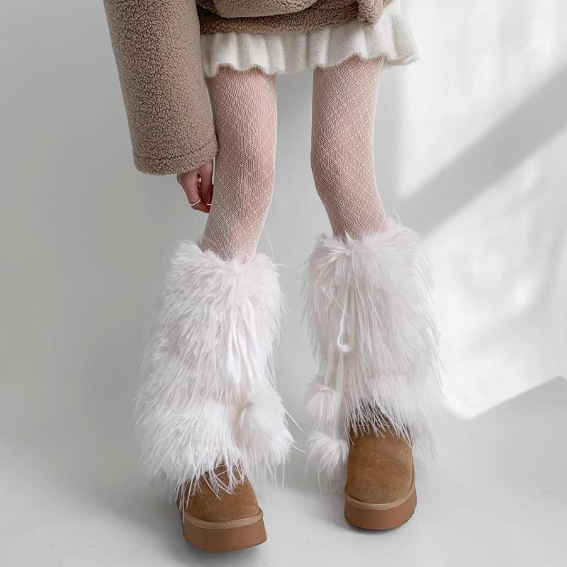 レッグウォーマー レディース 秋冬 原宿系 ゴシック サブカルチャー ギャル ストリート 裏起毛 厚手 もこもこ アクリル ボア 保温 暖かい ルーズソックス風 ミドル丈 アイボリー