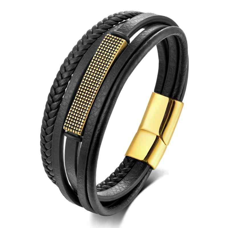 ブレスレット メンズ 男性用 編み込み レザー 革 ステンレス製 幾何学模様 バングル アクセサリー 欧米スタイル 普段使い カジュアル スタイリッシュ スチール ゴールド ブラック