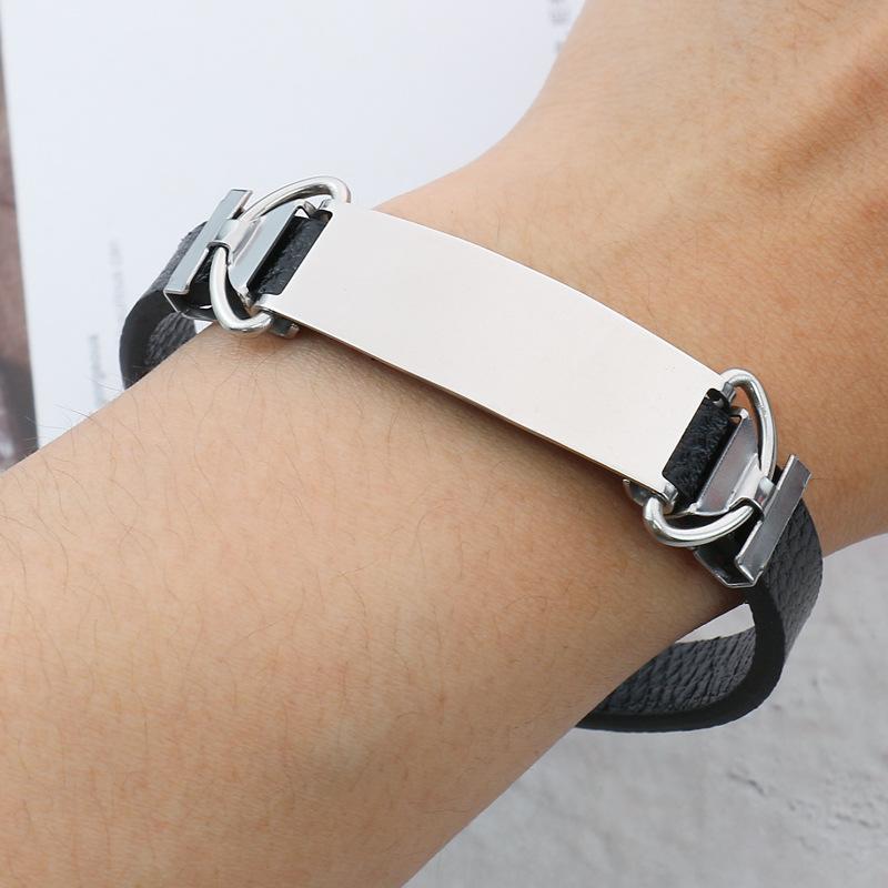 ブレスレット 男女兼用 シンプル 欧米風 ファッション メンズ レディース チタン合金 ステンレス レザー 刻印入り バングル シルバー ブラック 腕輪 ギフト 普段使い