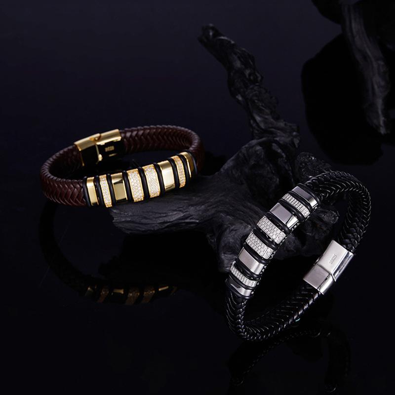 ブレスレット メンズ 男性用 レザー 革 モアッサナイト 編み込み レトロ アンティーク調 多用途 カジュアル 普段使い アクセサリー ジュエリー