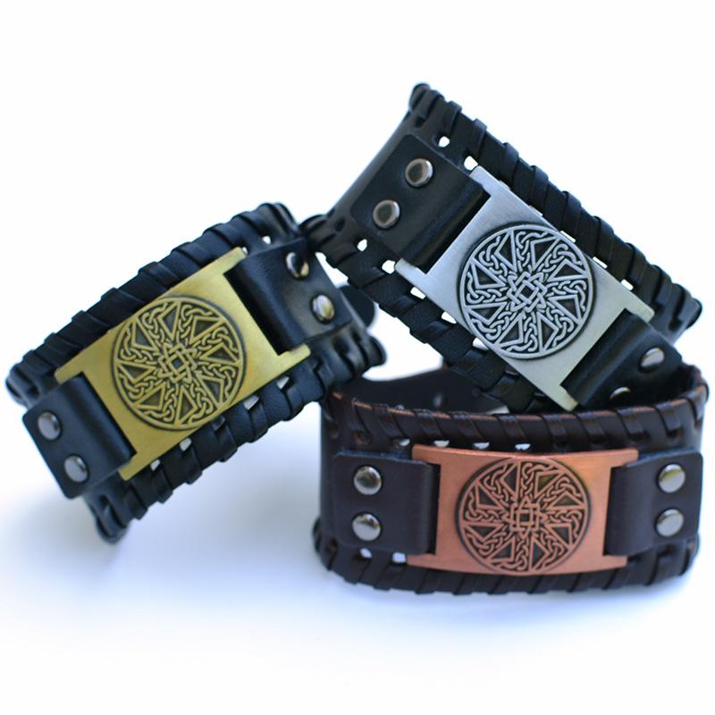 レザーブレスレット メンズ レトロ ヴィンテージ風 編み込み パンク バイキング 北欧風 ゴシック 幅広 バングル ハンドメイド 合金素材 手元アクセサリー ユニセックス 古銀 古赤銅 古青銅 アンティークカラー