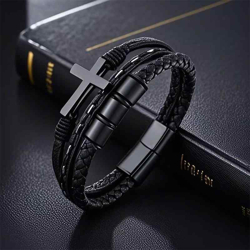 ブレスレット メンズ 男性用 クロス レザー 本革 牛革 編み込み バングル 腕輪 シンプル おしゃれ クール デイリーユース カジュアル ファッションアイテム プレゼント