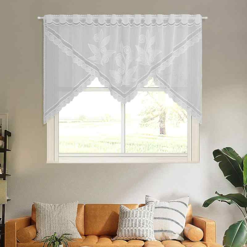 カフェカーテン ホワイト レース ボタニカルフラワー柄 透かし編み ニット モダン シンプル スタイリッシュ キッチン リビング ダイニング 玄関 小窓 暖簾 間仕切り 目隠し 窓飾り ポリエステル