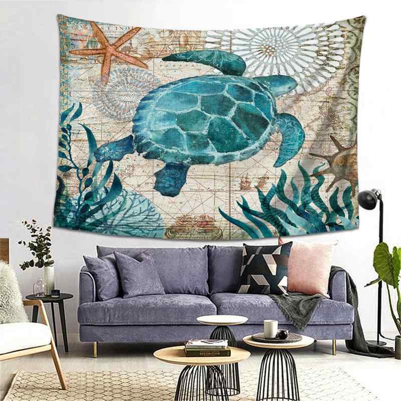 タペストリー レトロ ヴィンテージ風 ブルー 深海 海洋生物 クジラ タコ ウミガメ マリンモチーフ ポリエステル製 壁飾り リビング 寝室 書斎 子供部屋 インテリア装飾